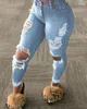 Women's Jeans Indie Style Korean Fashion Women Midi-waist Solid Color Ripped Hole Tassel Stretch Denim Pencil Long Trousers Casual Pants