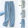 Herren-Nachtwäsche, weicher Kordelzug, Baumwolle, Sommer, Herbst, lockere elastische Taille, lässige Pyjamahose, karierte Hose