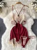 Robes décontractées Singreiny Sexy Camis Robe Costumes Femmes Pyjama Col V Croix Dentelle Design Gaine 2024 Mode Français Streetwear Ensembles d'été
