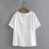 Plus-storlek BLOUSES Kvinnor Summer Sweet Cotton O-Neck Simple Solid Color Short Sleeve Tops Overdimensionerade kurvkläder 240202