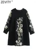 Casual Jurken Zevity Vrouwen Vintage V-hals Bloemenprint Zwarte Mini Jurk Vrouwelijke Chic Lange Mouw Kimono Losse Een Lijn vestidos DS3041