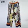 Dwuczęściowe spodnie kobiet Winyi 2024 Dwuczęściowy garnitur z paskiem głowy enagant drukowane Kimonos Batwing Sleeve Women Silk Floor Długość Moda