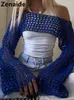 T-shirts Femmes Zenaide 2024 Printemps Creux Out Manches Longues Crochet Crop Top Y2K Femmes Vintage Chemise En Tricot Bleu Foncé Voir À Travers Coquette