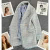 Blauwe Tweel Plus Size Tweed Blazer Vrouwen Elegant Double Breasted Parel Knop Jasje Koreaanse Lente Herfst Vintage Uitloper 240202