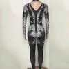 Stage Wear Silver Rhinestones Black Long Sleeved Jumpsuit Women Gold Performance Glass Crystal Bodysuit Nightclub Gogo Costumes XS1527