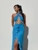 Casual Dresses Hugcitar Ruffles Halter Sleeveless Backless Hollow Out Beading Tassel Slit Maxi Dress Sexy Bodycon Summer Elegant Outfit