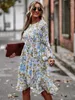 Casual klänningar 2024 Kvinnor O Neck Lång ärm Hög midja Slim Floral Dress for Ladeis Spring Autumn Loose Printed