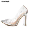 Aneikeh Printemps Argenté Strass PVC Transparent Dames Parti Pompes Talons Hauts Sexy Bout Pointu Robe Chaussures De Mariage 35-42 240126