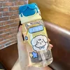 Bouteilles d'eau 600ml enfants avec paille bouteille mignonne pour filles garçons ours à lunettes en plastique étanche tasse d'école portable