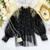 Plus Size Women Top Lantern Sleeve Autumn Spring Blus Beading Elegant Blue Chiffon Lace Pearl Shirt 240126