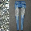 Damesjeans High Street Handgemaakte Diamond Shiny Pencil Damesmode Stretch Skinny Denim Broek Q666