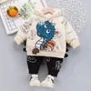 Conjuntos de roupas inverno crianças mais veludo quente camisola de duas peças terno bebê menino engrossar desenhos animados dinossauro roupas crianças agasalho menina conjunto