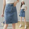 Kjolar sommarkvinnor denim kjol 2024 hög midja båge broderi sidospel smal passform kort wrap hip mini jean