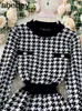 Casual Jurken Roze Houndstooth Herfst Gebreide Midi Jurk Dames O Hals Lange Mouw Elastische Taille Sexy Gebreide Vrouwen Slanke Warme Trui