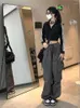Pantalon Femme QWeek Y2K Streetwear Gris Cargo Femmes Surdimensionné Hip Hop Egirl Poches Pantalon Large Pantalon De Style Coréen Pantalon De Survêtement