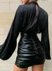 Blouses Femmes WannaThis Noir Lanterne Manches Col Haut Satin Blouse Femmes Slim Solide Ruché Recadrée Élastique Mode Printemps Dames Élégantes