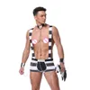 Homens listrados prisioneiro traje halloween cosplay uniforme lingerie sexy conjunto suspender boxer shorts com chapéu colar de corrente pulseiras268w