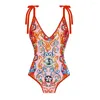 Women's Swimwear Red Painted Print Slim Bikini One-piece Bow Straps V-neck Swimsuit Women Fashion Drawstring Irregular Cover Up Beach Dress