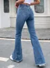 Benuynffy Button Fly Women's Raw Hem Flare Jeans Autumn Fashion Woman Denim Pants Jean Femme High Waist Full Length Slim Jeans 240124