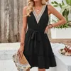 Casual Dresses Women's Fashion Solid Colour Dress Fresh Style V-Neck Sleeveless Lace Waist Youthful Temperament Vestidos Cortos