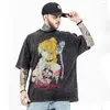 メンズTシャツブラックソースハラジュクシャツメンヒップホップビンテージウォッシュアニメグラフィック特大のストリートウェアティーコットン