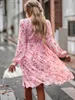 Casual klänningar 2024 Kvinnor O Neck Lång ärm Hög midja Slim Floral Dress for Ladeis Spring Autumn Loose Printed