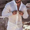 Men039S Casual Shirts Men Mesh Shirt Lapel Long Sleeve Lace Transparent 2021 Sexig kläder Streetwear Party Nightclub Camisas S6456130