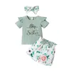 Ensembles de vêtements pour bébés filles, tenues d'été, barboteuse à manches imprimées avec lettres, short à fleurs, bandeau à nœud, 3 pièces, vêtements pour bébés