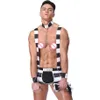 Striped Men Prisoner Costume Halloween Cosplay Uniform Sexy Lingerie Set Suspender Boxer Shorts With Hat Chain Collar Wristbands201G