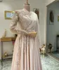 2024 Light Pink Evening Dresses Wear V Neck Illusion Lace Appliques Crystal Beads Flowers Long Sleeves Formal Prom Party Gowns Specical Occasion Gowns