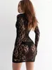 Casual Dresses Sibybo Lace Mesh långärmad klänning för kvinnor 2024 Summer Beach Sexig V-ringning ihålig Vestir Femme Girl Street Mini