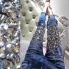 Jeans femininos high street artesanal diamante brilhante lápis mulheres moda estiramento skinny denim calças q666