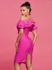 Casual Dresses Pink Bandage Dress Women Short Party Bodycon Elegant Sexy Ruffle Off Shoulder Evening Birthday Club Outfit 2024 Summer