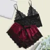 Women's Sleepwear 2Pcs/Set Women Sling Backless See-through Lace Vest Tops Elastic Waistband Smooth Satin Shorts Trim Bowknot Decor