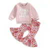 Kledingsets CitgeeSpring Valentijnsdag Kinderen Peutermeisjesoutfits Lange mouw Letterprint Trui Bloemen Flare Broek Kledingset