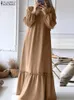Ethnic Clothing ZANZEA Fashion Ruffles Hem Muslim Dress Woman Long Sleeve Solid Color Maxi Robe Elegant Turkey Hijab Dresses Islamic