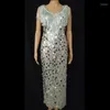 Stage Wear Bar Nightclub Silver Sequins Tassel Long Dress For Singer Dancer Performance Costume Club Party Show