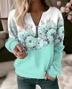 Women's Hoodies Crew Neck Zipper Half-open Sweatshirt Elegant Botanical Flower Print Hoodie Female Autumn Long Sleeve Pullover Outerwear