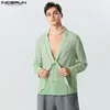 Мужские повседневные рубашки INCERUN, топы 2024, американский стиль, мужская прозрачная сетчатая блузка с узлом шеи для вечеринок, однотонная сексуальная блузка с длинными рукавами, S-5XL