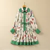 Women's Runway Dresses Turn Down Collar Long Sleeves Printed Lace Up High Streeet Fashion Designer European Vestidos