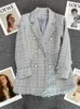 Blauwe Tweel Plus Size Tweed Blazer Vrouwen Elegant Double Breasted Parel Knop Jasje Koreaanse Lente Herfst Vintage Uitloper 240202