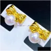 Stud 22090905 Diamondbox -Jewelry Earrings Ear Studs White Pearl Sterling 925 Sier Bow Knot Ribbon Aka 6.5-7 Mm Round Gift Girl Au750 Otnik