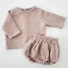 Kläder sätter baby flickor gasväv bomull långärmad topp cardigan skjortor blommor shorts set småbarn vårkläder födda pojkar