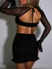 Women's Tracksuits Wsevypo Sexy Two-Piece Mesh Dress Sets Women See Through Clubwear Matching Long Sleeve Crop Tops Ruffle Trim Mini Skirts