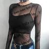 Women's T Shirts Sexy Women Mesh T-Shirts See-Through Perspective Tshirt Letter Printed O Neck Transparent Long Sleeve Shirt Tops