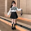 Kläder sätter flickor Fashion Suit Spring Autumn Tie Shawl Vest Shirt veckad kjol 3st Teenage JK Uniform 8 10 12 14 år