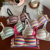 Bras Bras Lingerie Vintage Rainbow Stripes Bra Gathered Crop Top Underwear Push Up Bras New Summer Daily Soft Elastic Underwear Women YQ240203