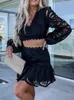 Work Dresses Lace Two Piece Sets Women Lantern Sleeve Short Skirt Suits Elegant Sexy Fashion Outifits Summer Holiday Dress Hollow