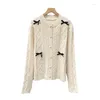 Women's Knits Bow Pearl Beading Trend Sweater For Women White Color Full Sleeves Knit Cardigan Coat Spring Sweet Jumper