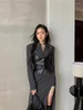 Work Dresses Grey Design Suit For Women'S Spring And Autumn Short Jacket Leather Top Side Slit Skirt Three Piece Set